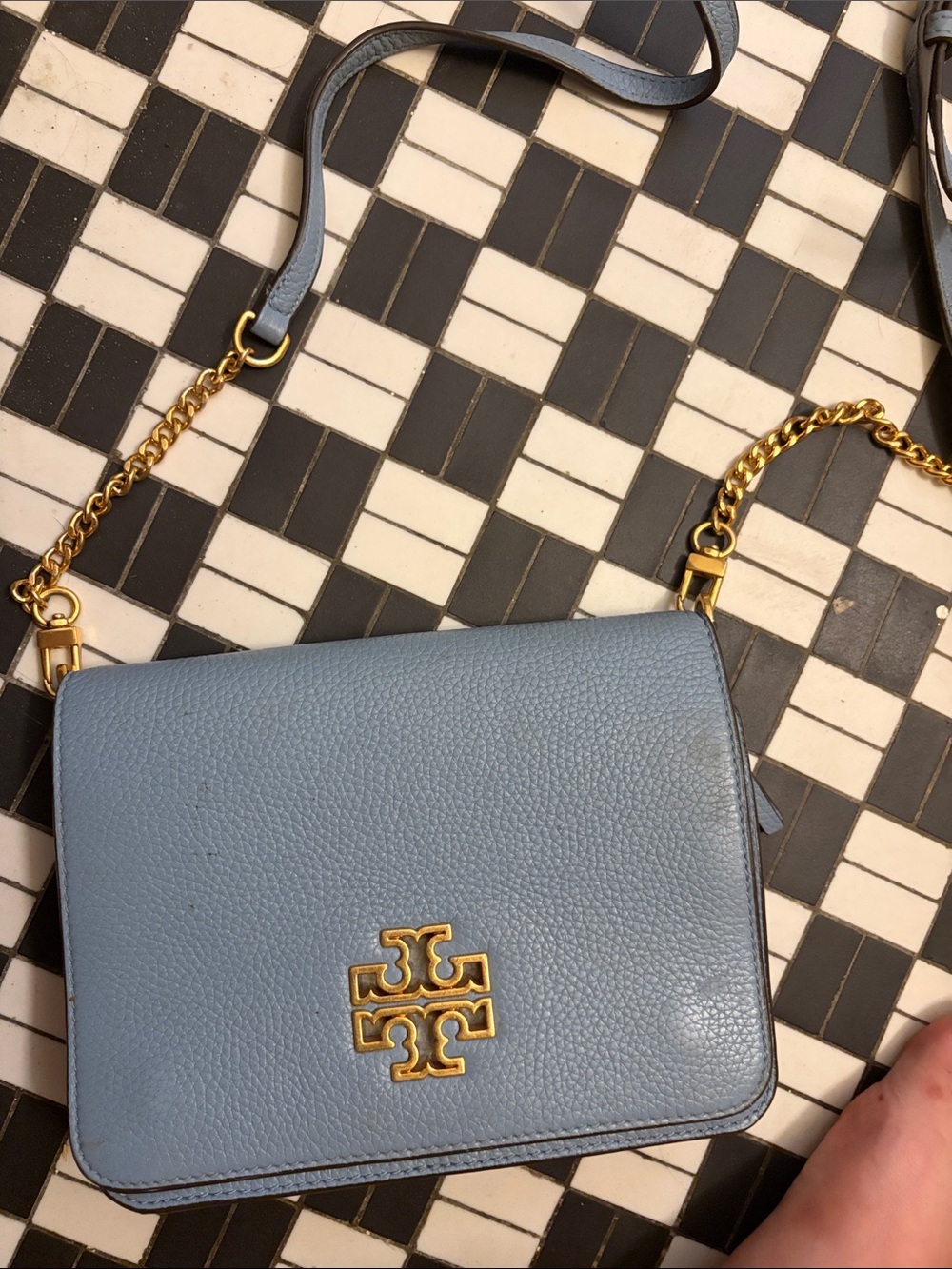 Tory Burch Sky Blue Pebbled Leather Crossbody with Gold Logo